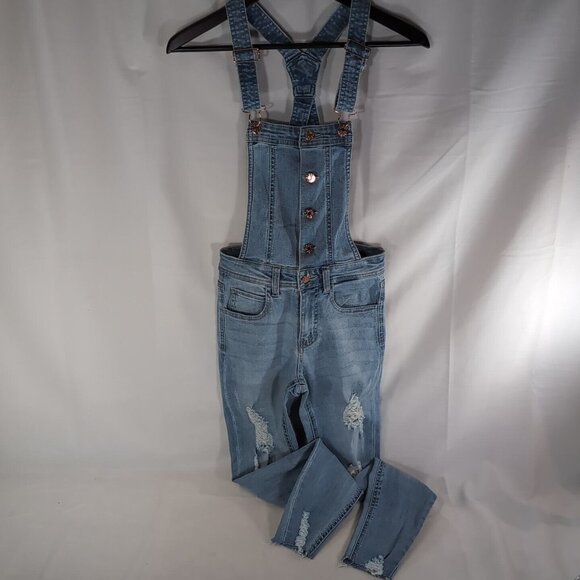 Guess Jeans Lightwash Blue Denim Rose Gold Overalls Distressed Women's 24 Pants - Picture 1 of 14